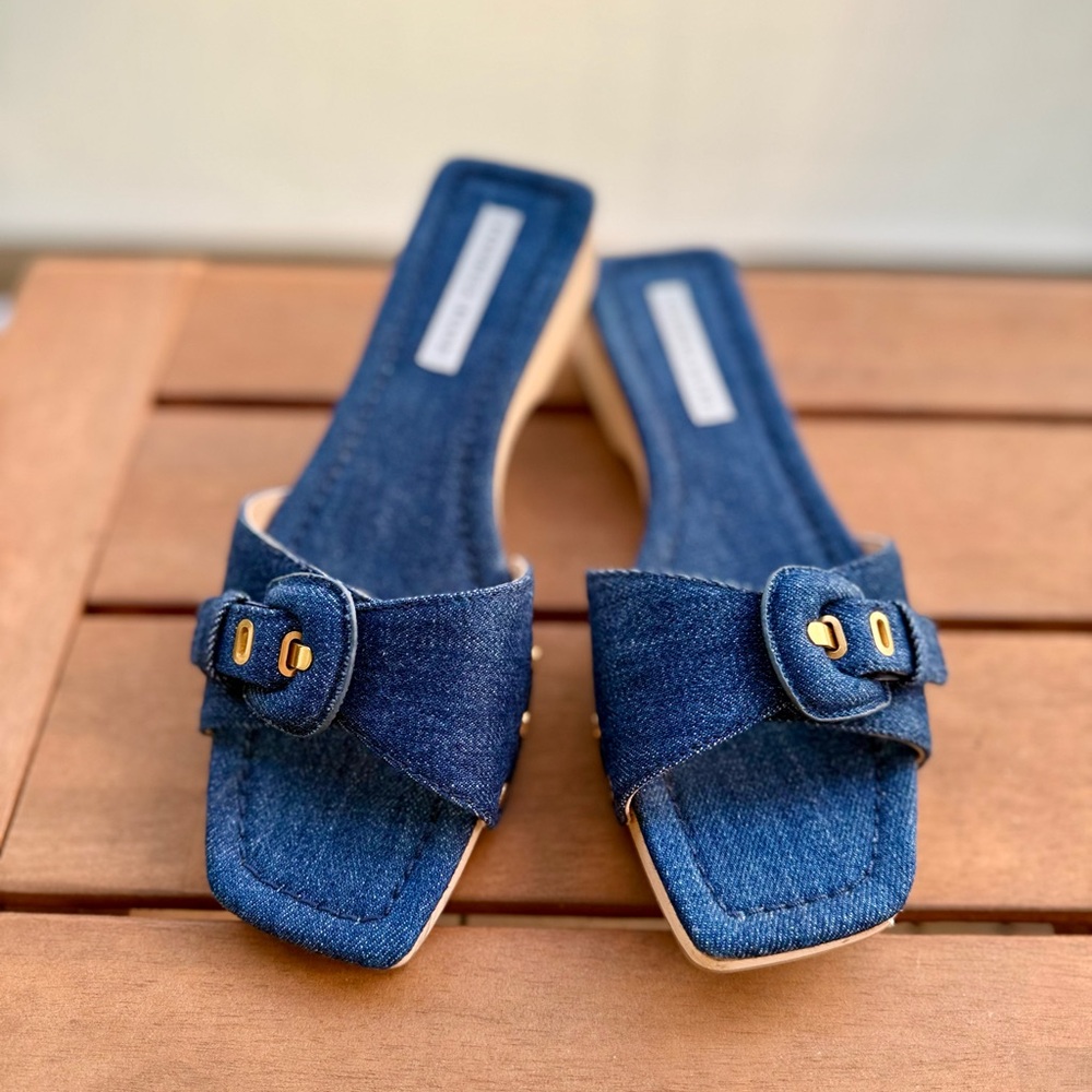 Veronica Beard Denim Buckle Slide Mules in Blue